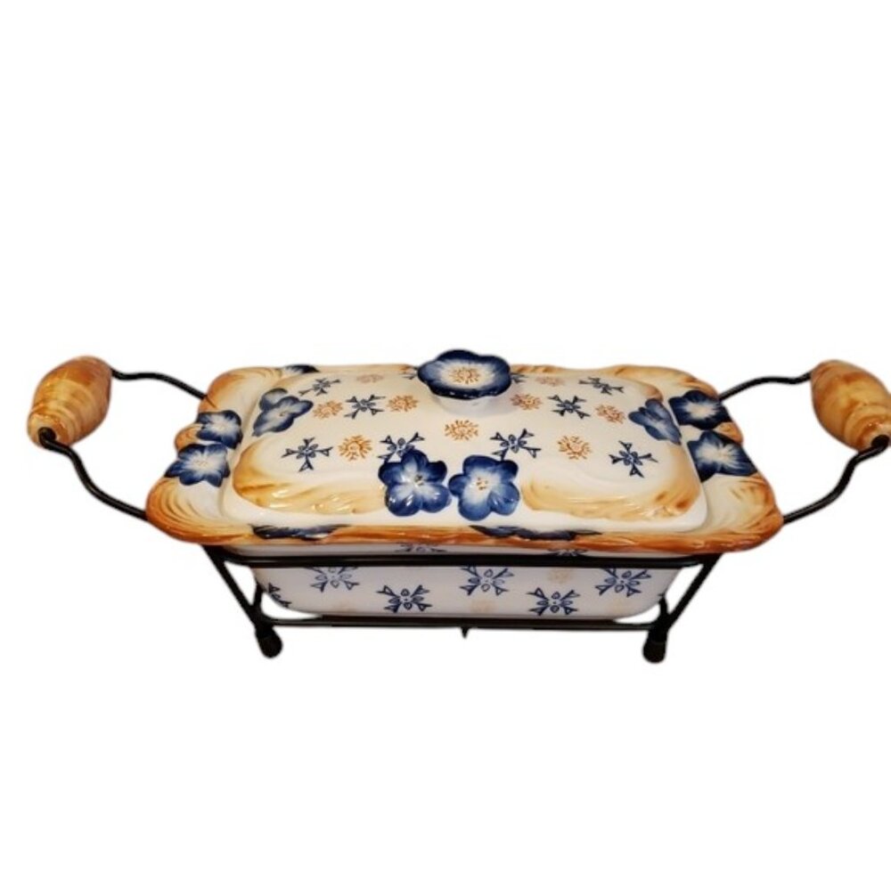 Temp-Tations Blue Floral Gold Casserole Baking Dish W/Lid And Holder